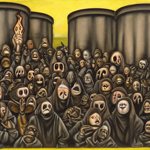 Image similar to several hooded disciples in purge masks, gathered in a brutalist courtyard, performing incantations over a fire in a barrel, by PJ Crook, oil on canvas