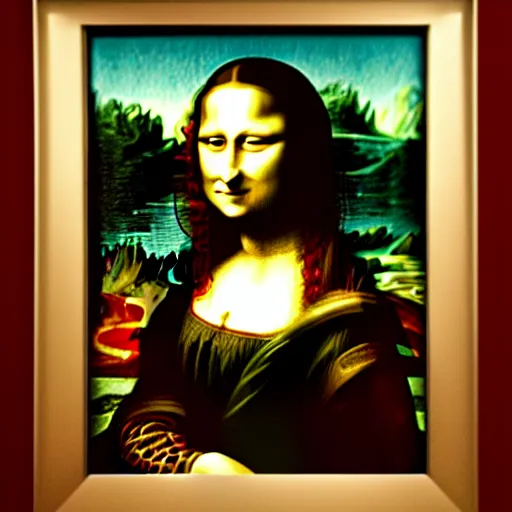 Image similar to mona lisa painting with cake smeared all over it