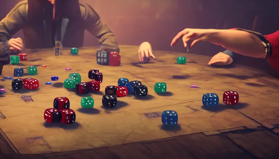 Prompt: concept art of rol game players around a table throwing 2 0 sides dice. macro. unreal engine 5. octane render. vray. arnold. maya. 1 8 mm lens. gopro, low angle, wide lens. trending on artstation. vegas. depth of field. colorful. d & d. centered image