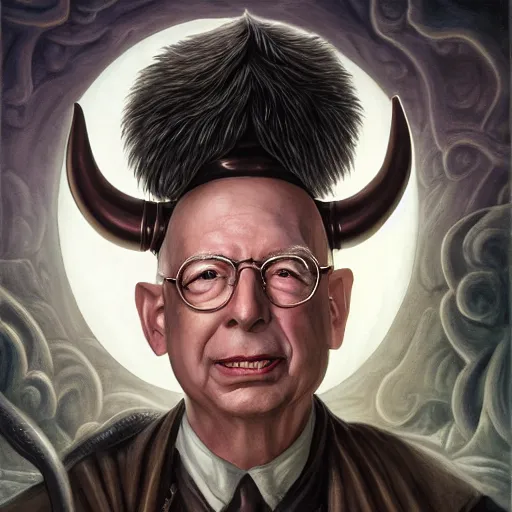 Image similar to a detailed fantasy character painting of Klaus Schwab with devil horns on his head, he has a forked tongue like a snake and black eyes, holding a lamb, dressed like Jesus Christ, by lauri blank, artgerm, evelyn de morgan, 8K, 50mm lens