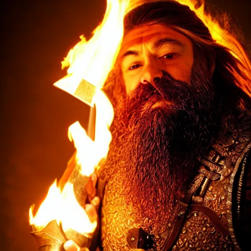 Prompt: medieval fantasy head and shoulders portrait photo of an azer dwarf barbarian with flames 🔥 for a beard, photo by philip - daniel ducasse and yasuhiro wakabayashi and jody rogac and roger deakins