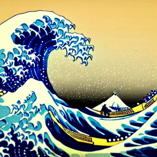 Image similar to The Great Wave off Kanagawa by Katsushika Hokusai picture, hyper realistic, 8k, colorful