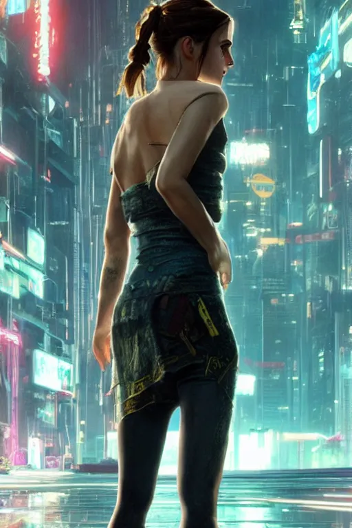 Image similar to A film still of emma watson as a character in cyberpunk 2077, highly detailed, digital painting, artstation, concept art, sharp focus, illustration, cinematic lighting, art by artgerm and greg rutkowski and alphonse mucha diffuse lighting, fantasy, intricate, elegant, highly detailed, lifelike, photorealistic, digital painting, artstation, illustration, concept art, smooth, sharp focus, art by John Collier and Albert Aublet and Krenz Cushart and Artem Demura and Alphonse Mucha