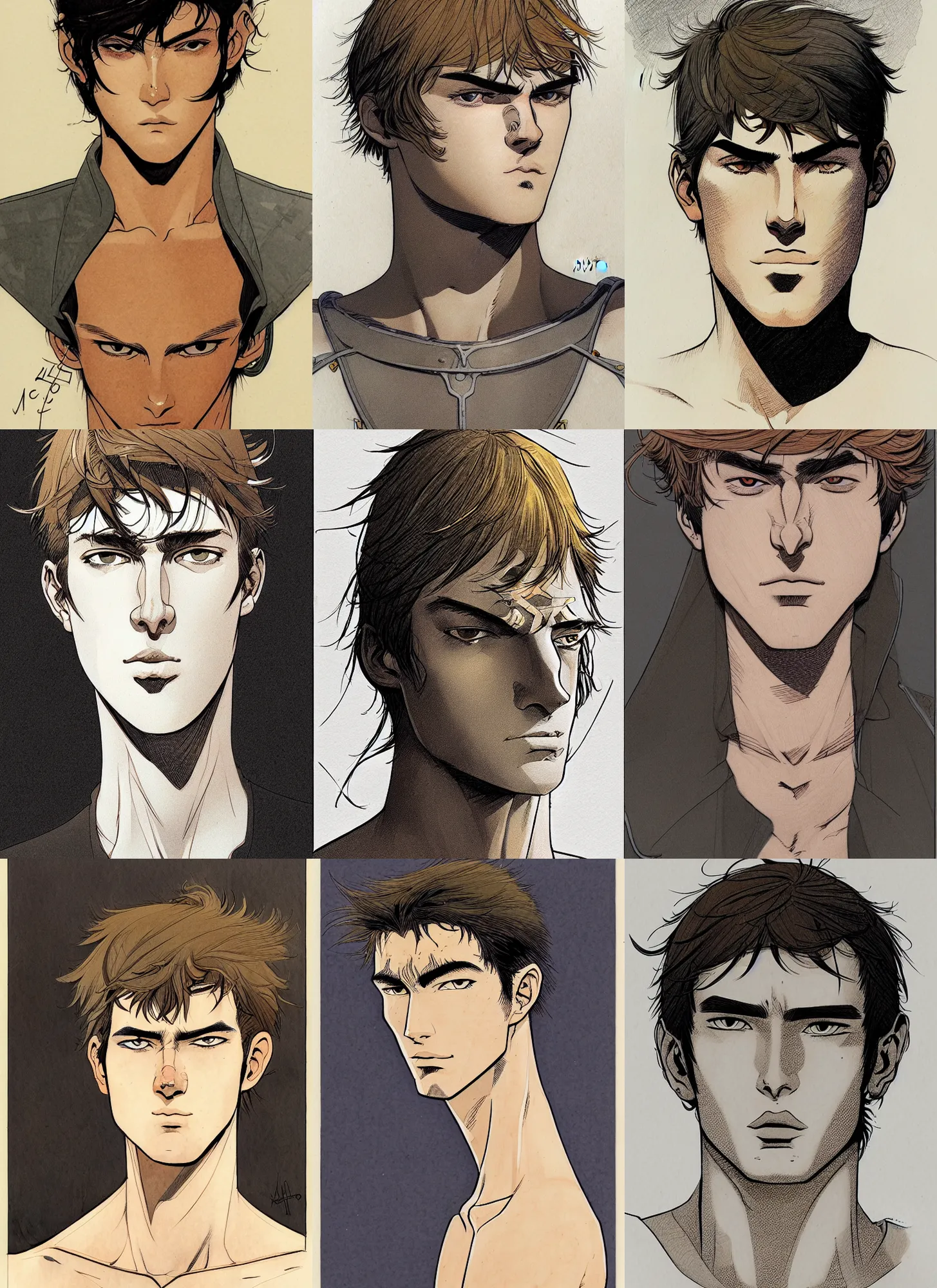 Prompt: young teen male warrior! moebius, milo manara, hugo pratt, french comic art, semi - realistic anime, portrait, beautiful face, symmetrical face, trending on pixiv, detailed, clean lines, sharp lines, crisp lines, award winning illustration, masterpiece, 4 k