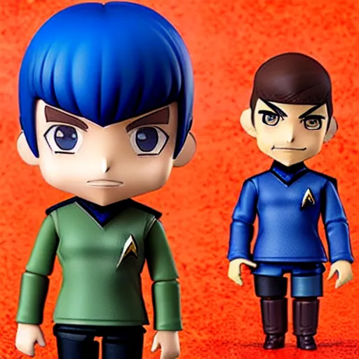 Prompt: spock from the tv series star trek as an anime nendoroid, serious look, pointed ears, spock haircut, starfleet uniform, detailed product photo