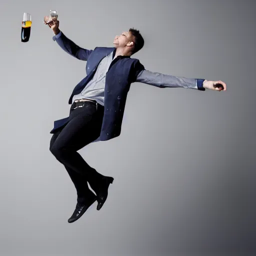 Image similar to a detailed portrait of a male model boisterously dancing around the room by himself holding an empty wine bottle as he jumps in the air in an (art studio), striking artistic concept, perfect composition, detailed facial expression, fine detail, dramatic lighting, award-winning photo UHD, 4K