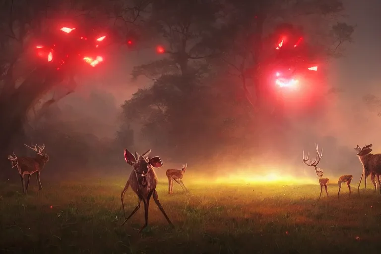 Image similar to nature being invaded by huge smoking war machines which emit a red light as deer are running away, made by stanley artgerm lau, wlop, rossdraws, artstation, cgsociety, concept art, cgsociety, octane render, trending on artstation, artstationhd, artstationhq, unreal engine, 4 k, 8 k,