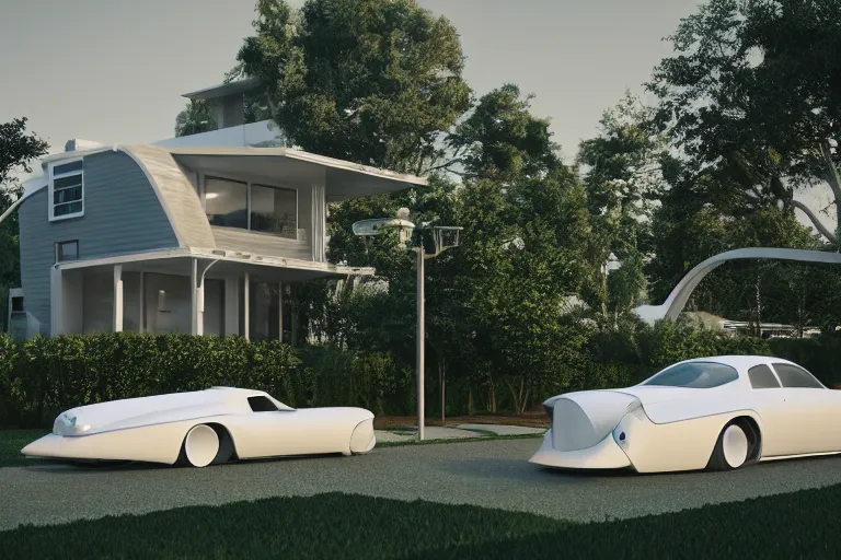 Image similar to a house in the 1 9 5 0's future house, retropunk, lawn, trees, white picket fence, futuristic car parked on the driveway, realistc octane render, depth of field, soft lighting, 8 k