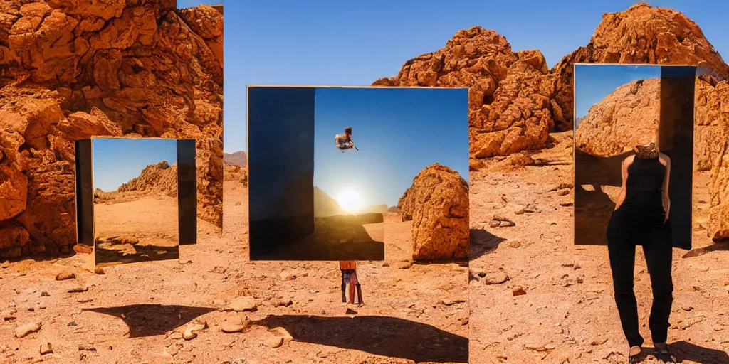 Image similar to levitating woman with full - face golden mask in a dry rocky desert landscape, visible sky and sunny atmosphere, fata morgana and giant square mirrors by alejandro jodorowsky, anamorphic lens, kodakchrome, practical effects, masterpiece, 8 k