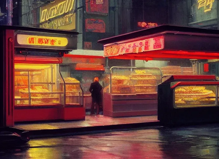 Prompt: the only open cyberpunk blade runner fast food stand in the cyberpunk city during a melancholy rainy night by edward hopper