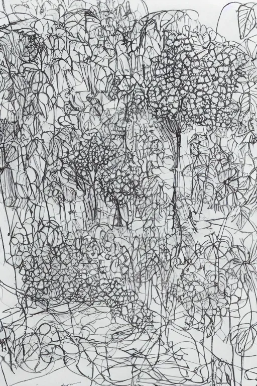 Image similar to single line sketch of cascading garden with large flowers, scribble sketch, small details,