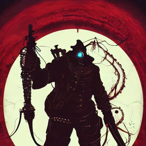 Image similar to an ultra detailed vector image of a big daddy from bioshock dressed as the hunter from bloodborne, concept art by alphonse mucha and greg rutkowski, scary shadows, blood moon eclipse, polaroid octane render, laminal space