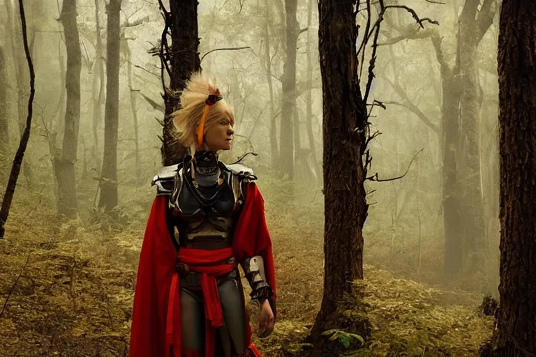 Image similar to vfx movie scene closeup nomad cyborg warrior viking geisha in a smoldering forest. by emmanuel lubezki