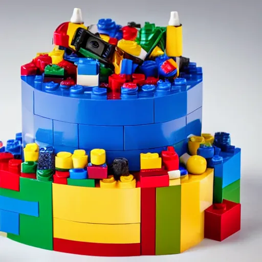 Prompt: cake made out of lego, 8k hyperdetailed product photo