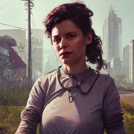 Image similar to highly detailed portrait, a woman with robotic parts, in gta v, stephen bliss, unreal engine, fantasy art by greg rutkowski, loish, rhads, ferdinand knab, makoto shinkai and lois van baarle, ilya kuvshinov, rossdraws, tom bagshaw, global illumination, radiant light, detailed and intricate environment