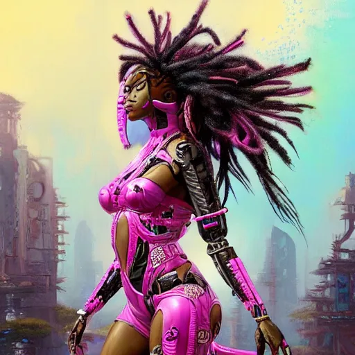 Image similar to a very beautiful black women dressed as pink ninja with highly detailed and intricate cybernetic eyes and colorful dreadlocks, by android jones and greg rutkowski, Trending on artstation, hyperrealism, elegant, stylized, highly detailed digital art, 8k resolution, hd, global illumination, radiant light, detailed and intricate cyberpunk ghetto environment, rendered in octane, oil on canvas, wide angle, dynamic portrait