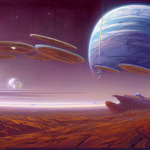 Prompt: cinematic view of a retrofuturistic space station orbiting an earth - like planet, tim hildebrandt, wayne barlowe, bruce pennington, donato giancola, larry elmore, oil on canvas, artstation, pixiv, cinematic composition, dramatic, beautiful lighting, sharp, details, hd, hdr, 4 k