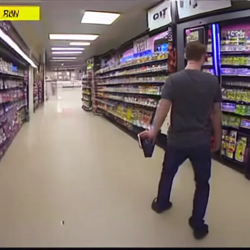 Prompt: mark zuckerberg committing armed robbery of a convenience store security camera footage