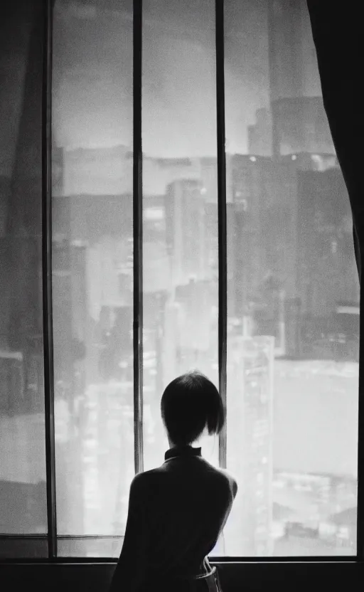 Image similar to portrait back of realistic girl in 7 0's retro club, editorial, fashion, window, realistic, vintage, night, blade runner, dark, clean lines, asian futuristic city in distance, cinematic angle