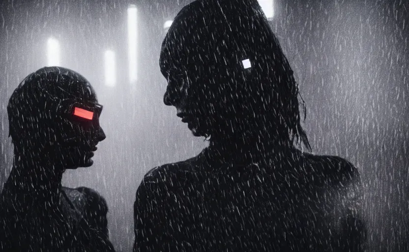 Prompt: cinestill 5 0 d candid photographic portrait by christopher nolan of two loving female androids wearing rugged black mesh techwear in treacherous waters, extreme closeup, modern cyberpunk moody sobbing cinematic, pouring rain menacing lights shadows, 8 k, hd, high resolution, 3 5 mm, f / 3 2, ultra realistic faces, ex machina