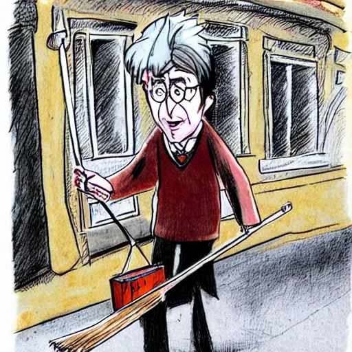 Prompt: harry potter is a bum in the streets of London, he waves with a stick and carries a broom, he looks like he is mad, caricature, pencil and alcohol markers