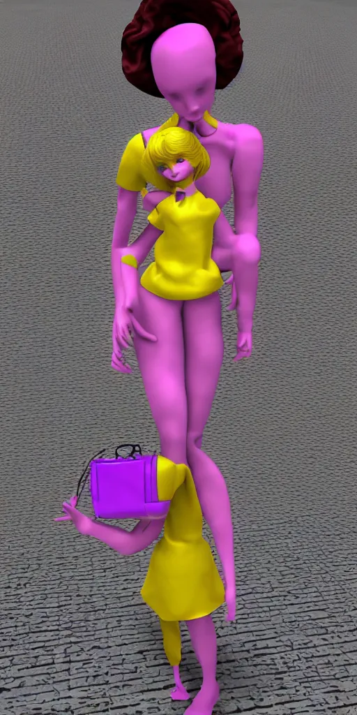 Image similar to 3d glitched malice yellow doll carrying a pink fashion bag in a street city psx rendered early 90s net art n64