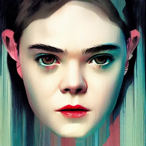 Prompt: Elle Fanning in Blade Runner picture by Sachin Teng, asymmetrical, Roger Deakin’s cinematography, dark vibes, Realistic Painting , Organic painting, Matte Painting, geometric shapes, hard edges, graffiti, street art:2 by Sachin Teng:4