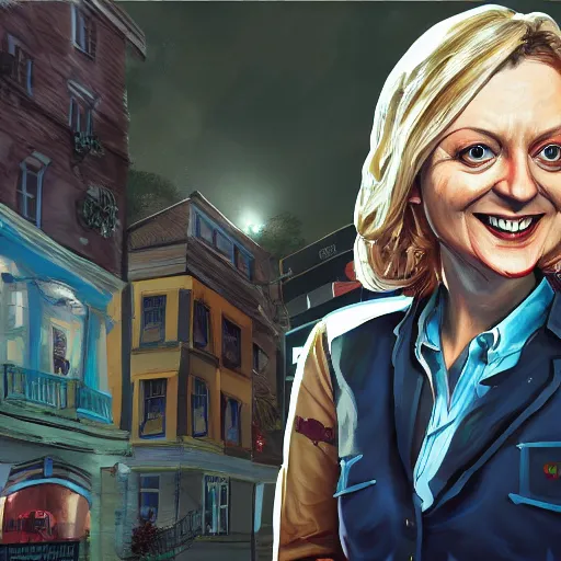 Image similar to painting of liz truss in racoon city full of zombies, hd, 4 k, 8 k artstation,