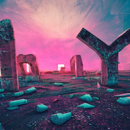 Prompt: ancient neon ruins in the tundra,retrowave art, trending