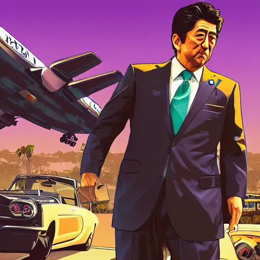 Image similar to Shinzo Abe in GTA V, cover art by stephen Bliss, artstation, no text