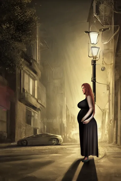 Image similar to pregnant woman under street light, highly detailed, sharp focused, ultra realistic digital concept art by gre