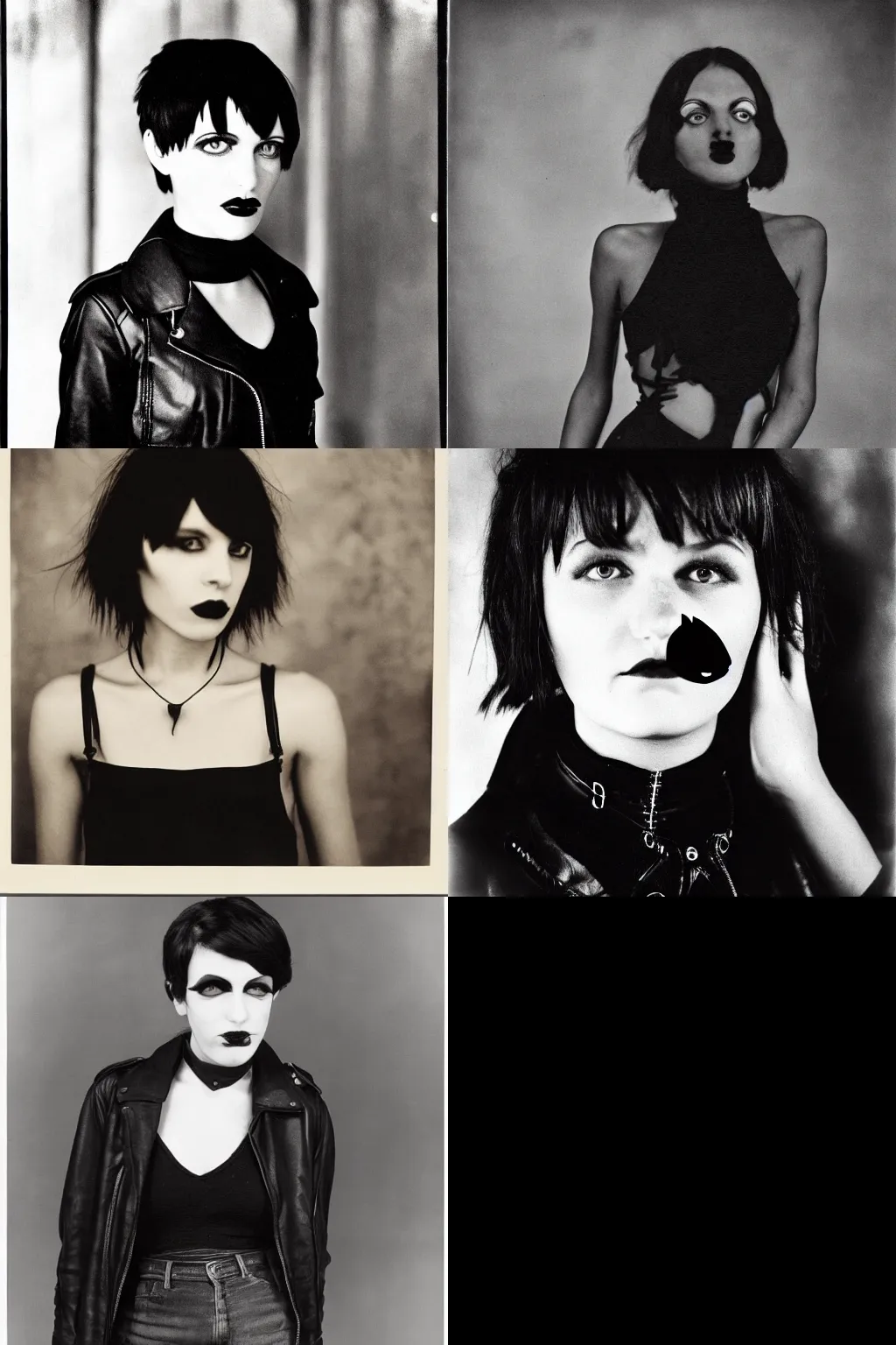 Prompt: goth by ansel adams. high - quality character portrait. short dark brown messy pixie haircut, large black eyes, slightly rounded face, pointed chin, small nose, black tank top, black leather jacket, black knee - length skirt, black choker.