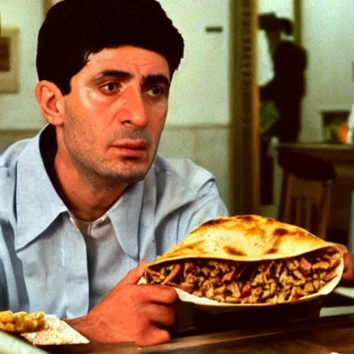 Image similar to film still of Nicolae Ceasusescu eating a Shawarma, 4k remastered, criterion collection
