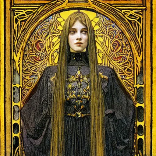 Image similar to beautiful young medieval queen portrait by jean delville, art nouveau, symbolist, visionary, gothic
