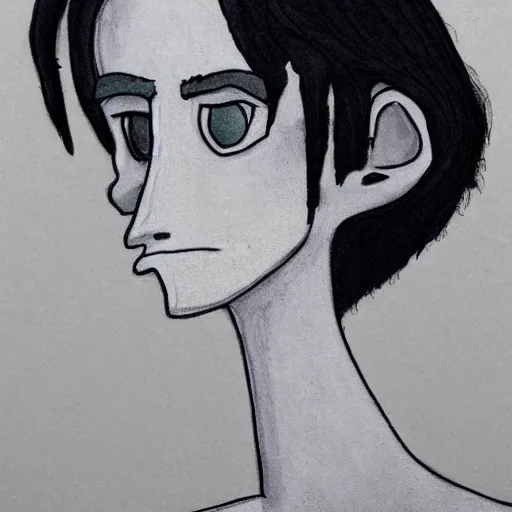 Image similar to young man portrait, black hair, skinny, sleep deprived, corpse bride art style