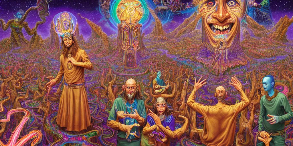 Image similar to hyper detailed portrait of a dmt spirit guide greeting a lost psychonaught, friendly dmt time elves, cathedral background, masterpiece composition, 8 k resolution, ultra fine illustration, alex grey, todd schorr, casey weldon, tokio aoyama, highly detailed,