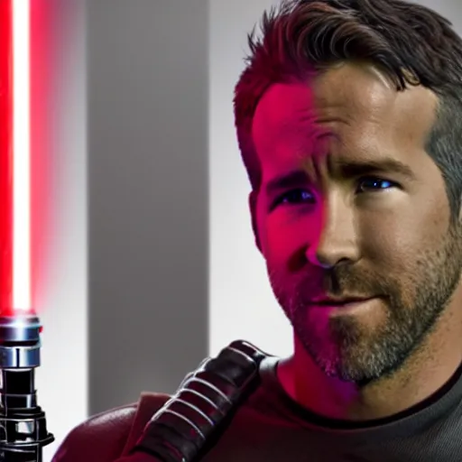 Image similar to ryan reynolds in a wheelchair holding a red lightsaber, good lighting,