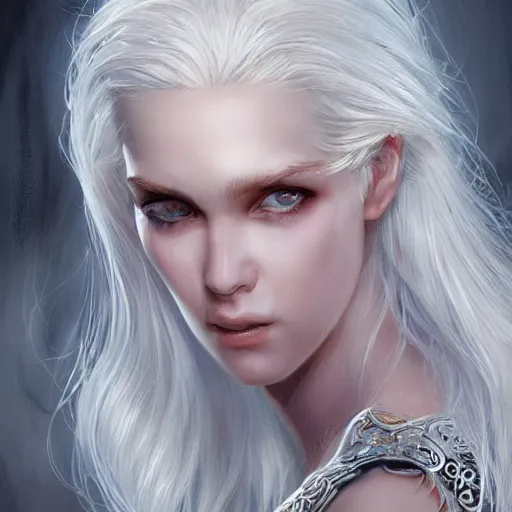 Image similar to god, young, white hair, long hair, intricate, ethereal, highly detailed, sharp focus, artstation, digital painting, by stanley lau and artgerm