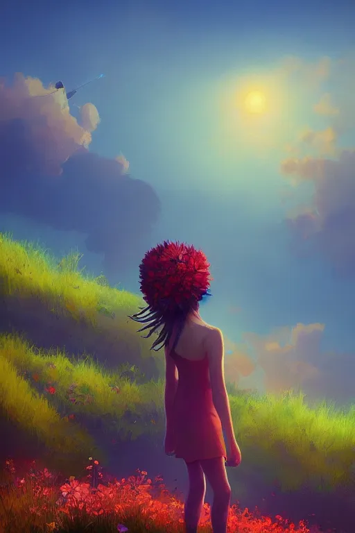 Image similar to closeup, giant flower head, girl standing on cliff, surreal photography, sunrise, blue sky, dramatic light, impressionist painting, digital painting, artstation, simon stalenhag