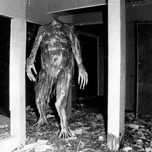 Image similar to 1 9 8 3, found footage, old abandoned house, creepy mutant flesh creature, flesh blob