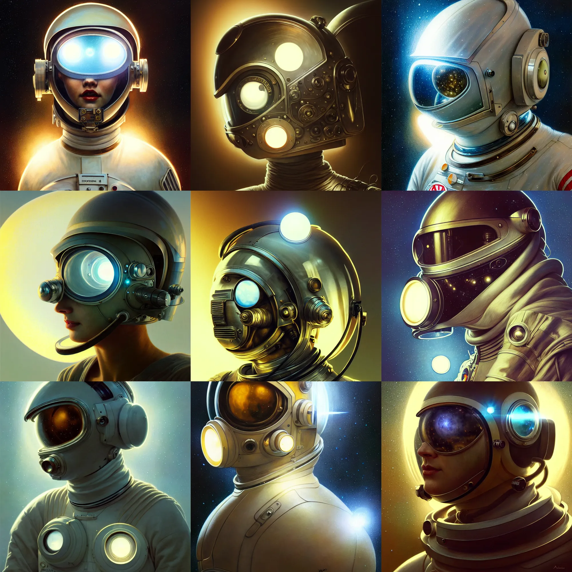 Image similar to ultra realistic retro futuristic astronaut helmet, lens flare, diffuse lighting, fantasy, intricate, elegant, highly detailed, lifelike, photorealistic, digital painting, artstation, illustration, concept art, smooth, sharp focus, art by John Collier and Albert Aublet and Krenz Cushart and Artem Demura and Alphonse Mucha