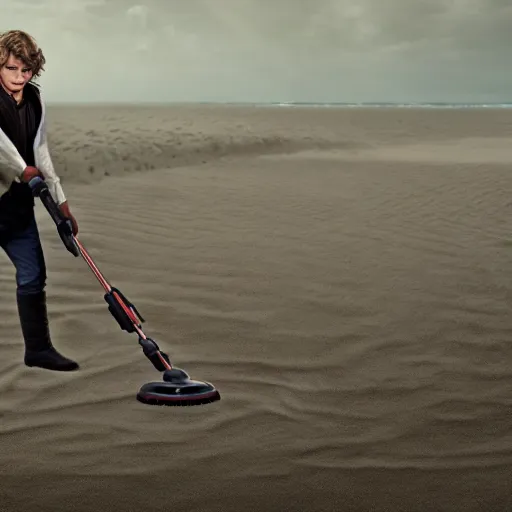 Image similar to anakin skywalker vacuuming the beach for sand, 4k, photorealistic,