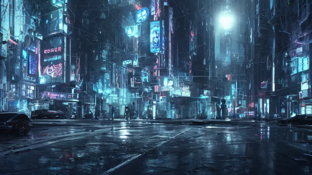 Image similar to an eerie scene of the empty streets of a futuristic alien city at night, light rain, small puddles, high quality ray-traced reflections, volumetric lighting, unreal engine 5, liminal space, haunting chilling atmosphere, photorealistic, cyberpunk, hyperdetailed 3d matte painting, hyperrealism, hyperrealistic, cinematic masterpiece, horror style 8k ultrahd octane render