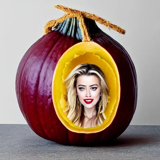 Image similar to gourd shaped like the face of amber heard hybrid intercross mix as a gourd