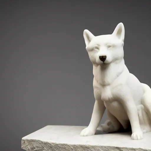 Image similar to an ancient greek sculpture of a shiba inu in white marble, close up photo, museum, ultra realistic, studio photo, bokeh, detailed.