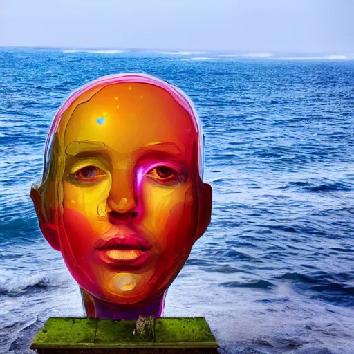 Image similar to a giant human head sculpture in the sea made out of juicy and transparent colorful jelly, long shot, hyper detailed, hyper realistic, ray tracing, 8 k resolution, sharp focus, realistic water, award winning