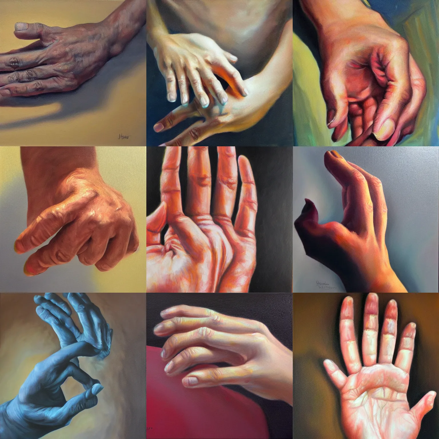 Prompt: realistic hands, oil on canvas,