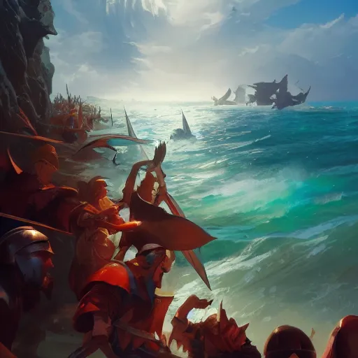 Image similar to cover concept art of a medieval battles in the sea, volumetric lighting, official fanart behance hd artstation by Jesper Ejsing, by RHADS, Makoto Shinkai and Lois van baarle, ilya kuvshinov, rossdraws