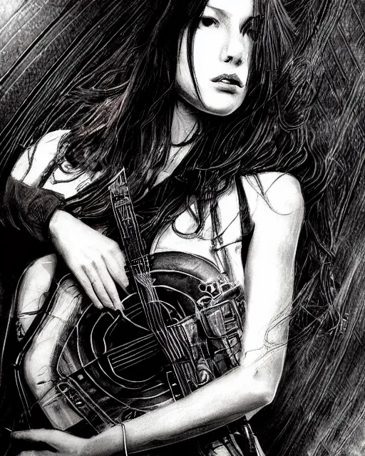 Prompt: beautiful photograph hd detailed cinematic acoustic guitar girl portrait in frank miller giger alex ross technoir style trending on deviantart artstation flickr