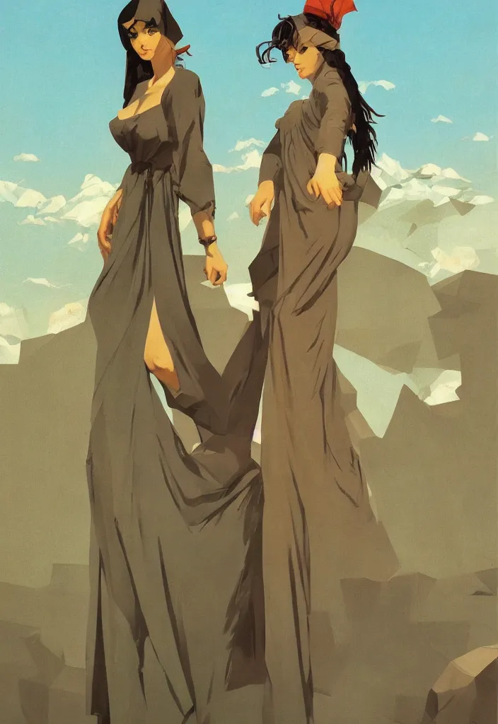 Image similar to woman portrait, female figure in maxi dress, sky, thunder clouds modernism, low poly, low poly, low poly, industrial, soviet painting, social realism, barocco, Frank Frazetta, Dean Ellis, Detmold Charles Maurice, 1993 anime,